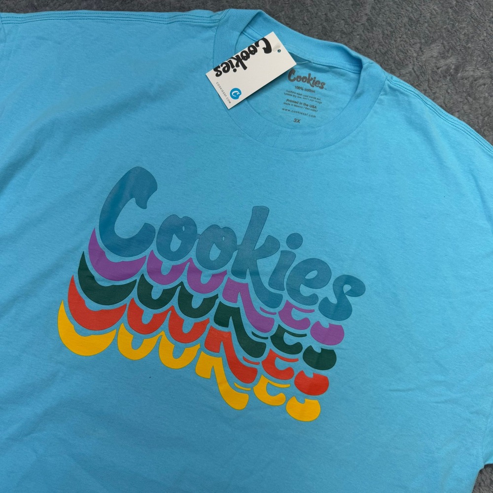 NWT Cookies T-Shirt Mens 3X Relaxed Fit Blue Rainbow Logo Cotton New Streetwear